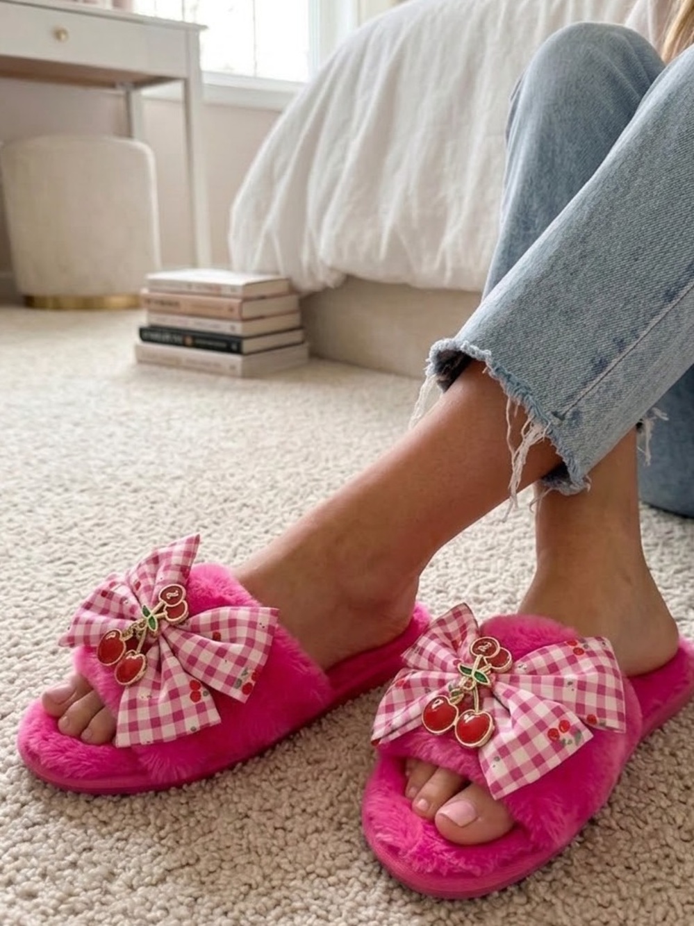 Juicy Couture Wome Hot Pink Plush Slide Slippers with Gingham Bow & Cherry Charm